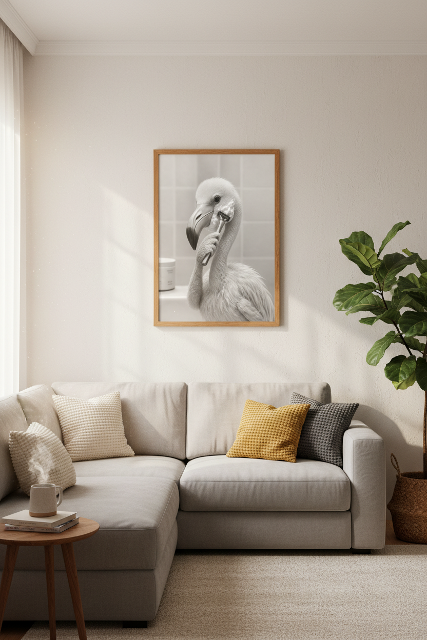 Shaving Flamingo | Funny Black and White Photography, Bathroom Decor Aesthetic