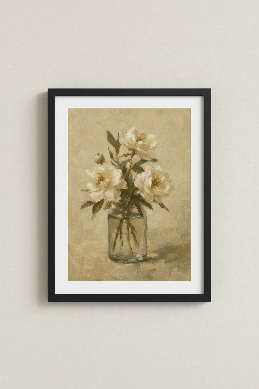 White Peonies Oil Painting | Cream Floral Wall Art, Vintage Farmhouse Decor
