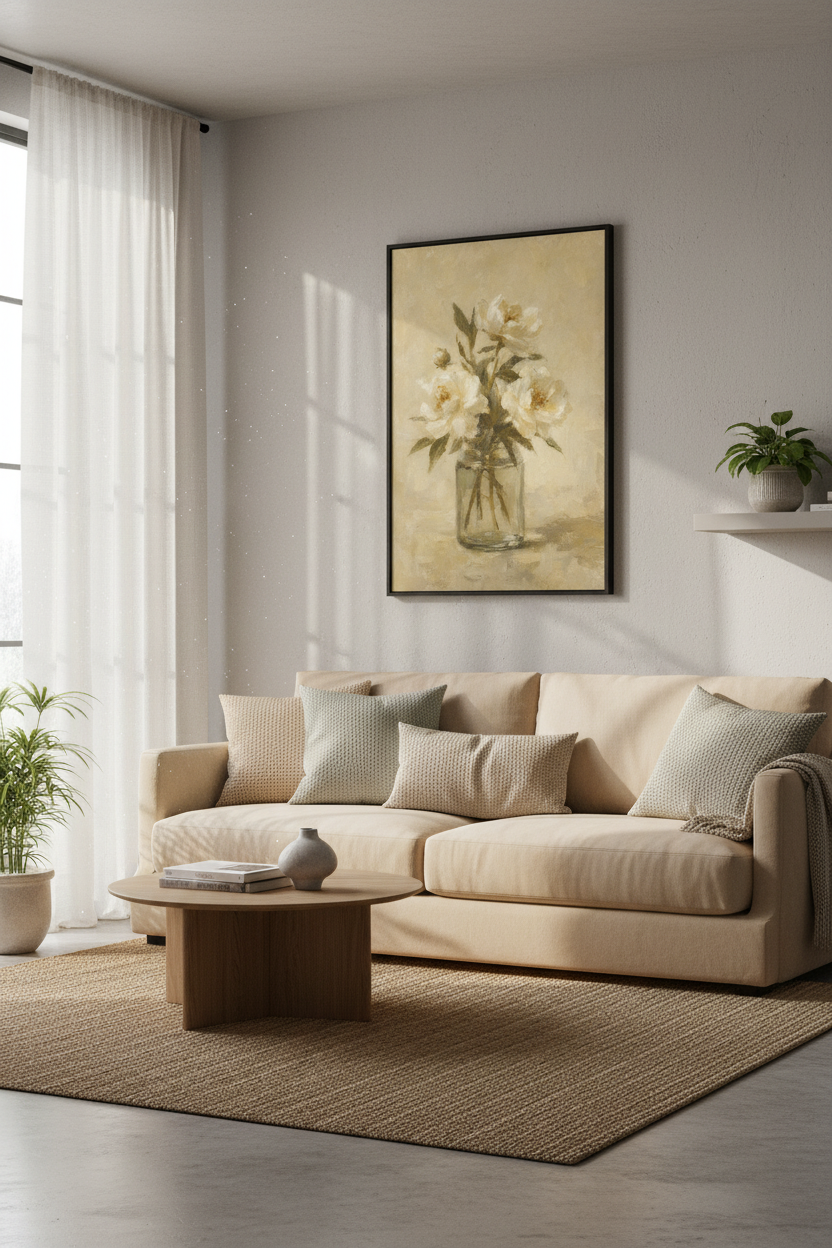 White Peonies Oil Painting | Cream Floral Wall Art, Vintage Farmhouse Decor