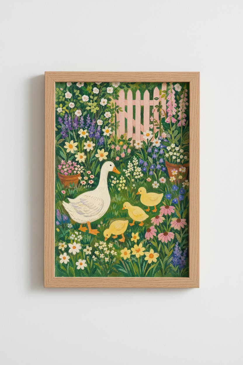Garden Duck Art | Whimsical Flora Print, Living Room Decor | Pastel Meadow Poster