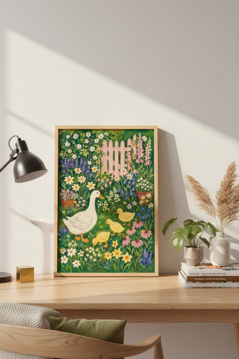 Garden Duck Art | Whimsical Flora Print, Living Room Decor | Pastel Meadow Poster