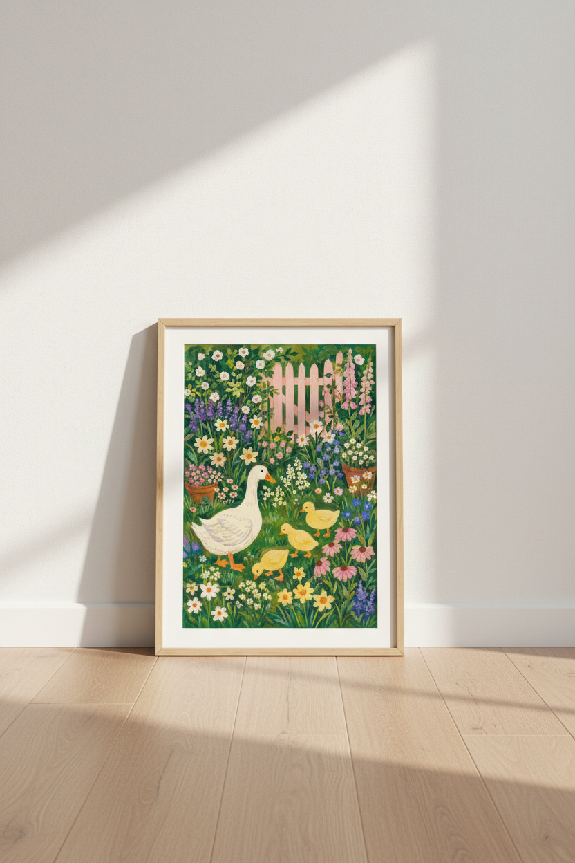 Garden Duck Art | Whimsical Flora Print, Living Room Decor | Pastel Meadow Poster