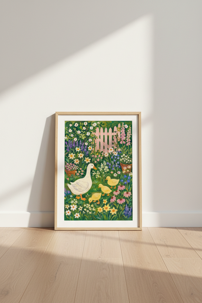 Garden Duck Art | Whimsical Flora Print, Living Room Decor | Pastel Meadow Poster