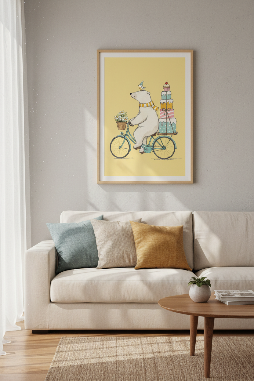 Polar Bear on Bicycle Wall Art | Nursery Decor | Colorful Whimsical Poster
