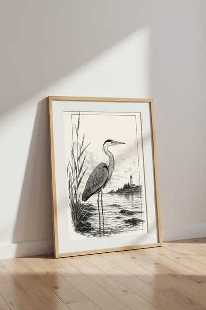 Great Blue Heron | Coastal Lighthouse Pen &amp; Ink Style Print, Beach House Wall Decor