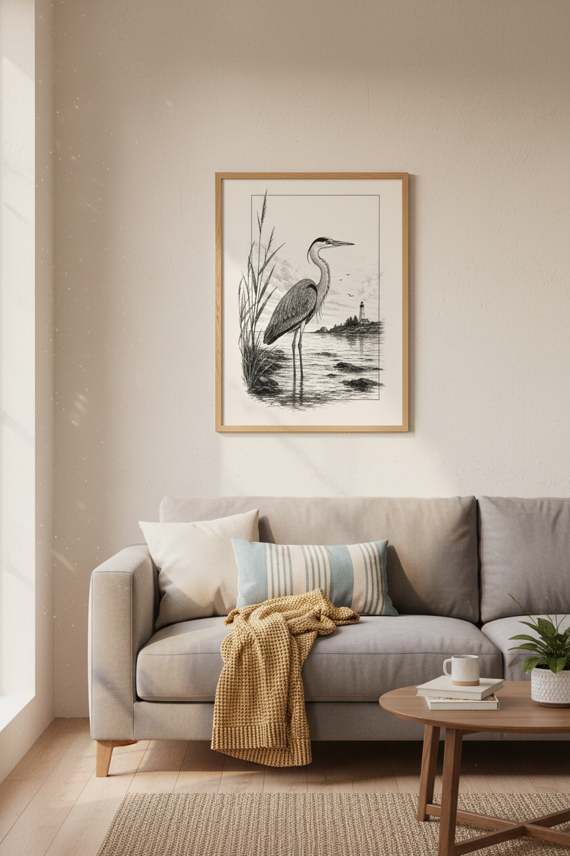 Great Blue Heron | Coastal Lighthouse Pen &amp; Ink Style Print, Beach House Wall Decor