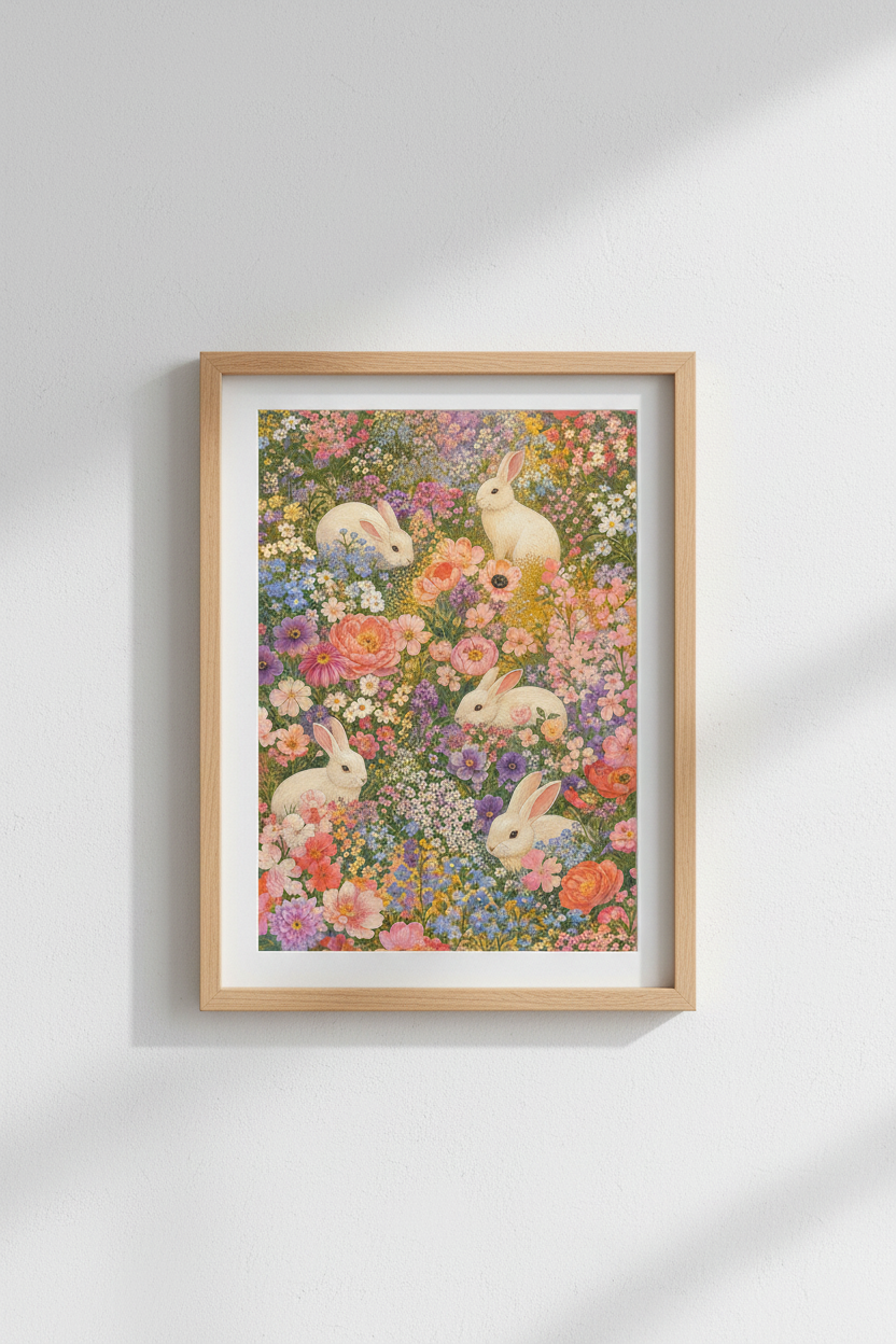 Cottagecore Rabbit Print | Floral Meadow Vintage Bunny, Nursery Poster Decor