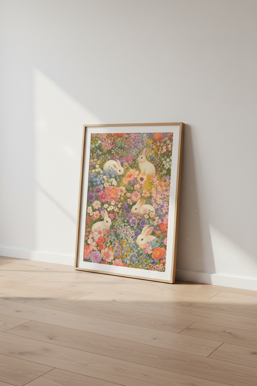 Cottagecore Rabbit Print | Floral Meadow Vintage Bunny, Nursery Poster Decor