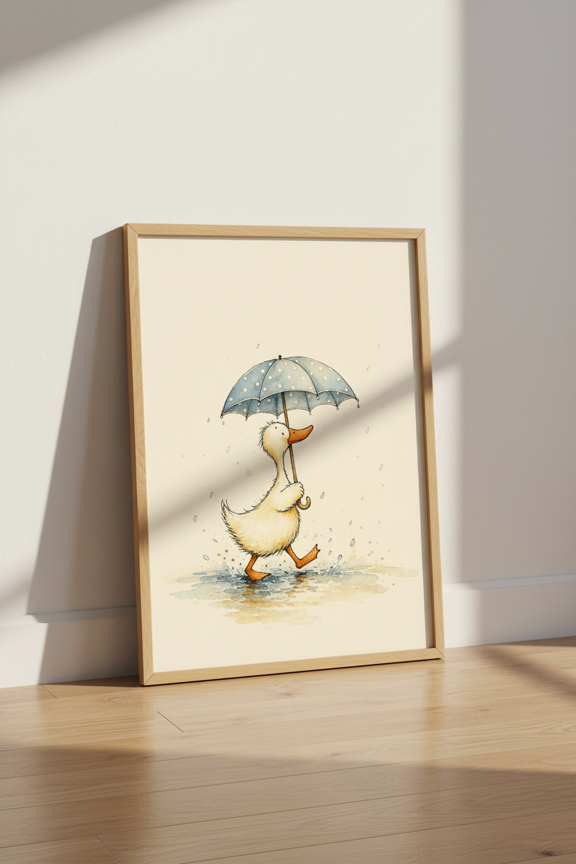 Watercolor Duckling with Umbrella Wall Art | Nursery Decor | Whimsical Animal Poster