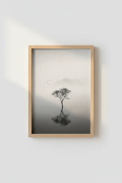 Zen Landscape Wall Art | Minimalist Tree &amp; Mountains Print, Serene Bedroom Decor