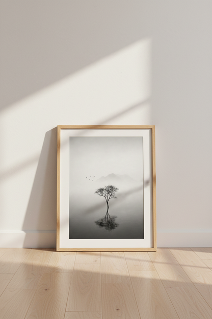Zen Landscape Wall Art | Minimalist Tree &amp; Mountains Print, Serene Bedroom Decor