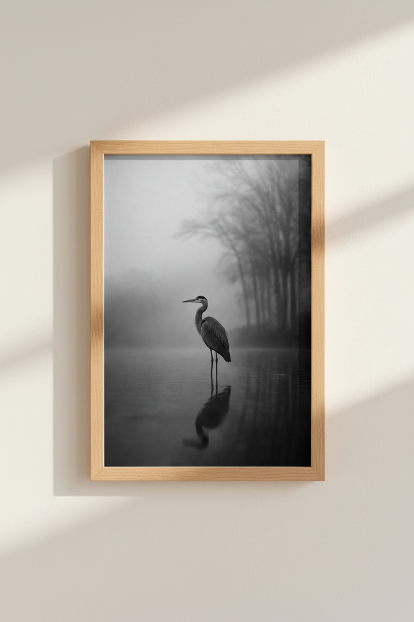 Heron Bird Wall Art Print | Moody Black &amp; White Nature Decor | Minimalist Poster