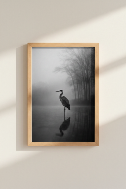 Heron Bird Wall Art Print | Moody Black &amp; White Nature Decor | Minimalist Poster