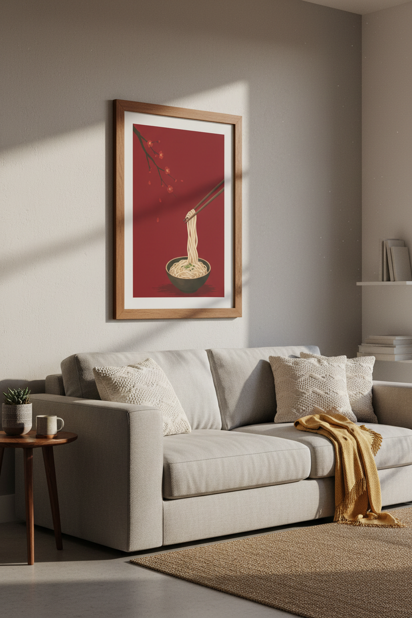 Japanese Ramen Bowl Wall Art | Red Minimalist Food Poster, Kitchen Decor