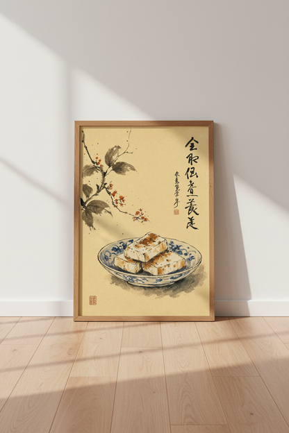 Japanese Tofu Ink Painting | Sumi-e Style Zen Food Art, Kitchen Decor