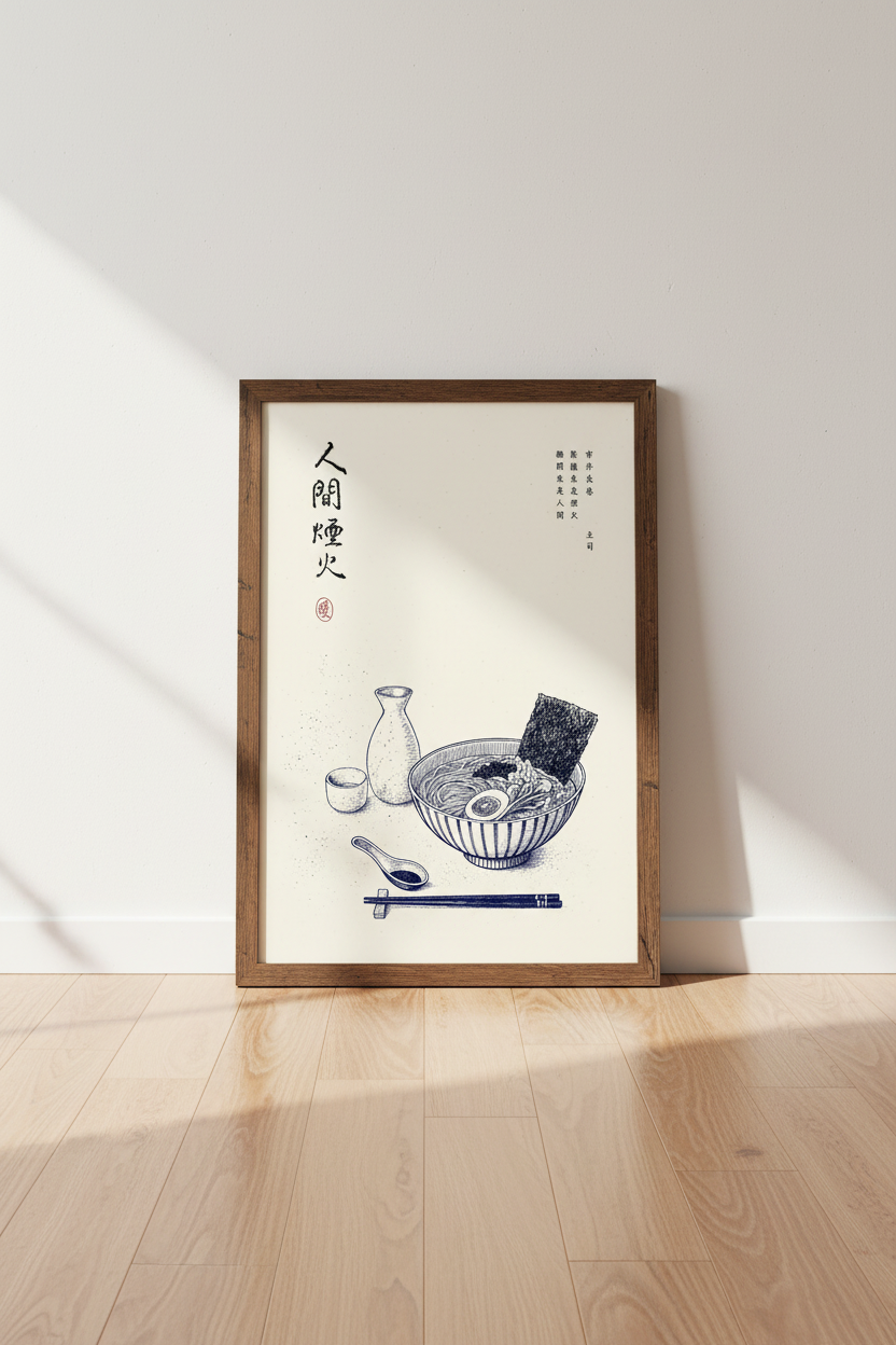 Japanese Ramen Ink Sketch Wall Art | Blue Minimalist Kitchen Decor | Asian Food Poster