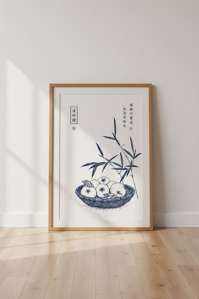 Chinese Ink Still Life | Navy Blue Bamboo &amp; Fruit Poster, Zen Kitchen Decor