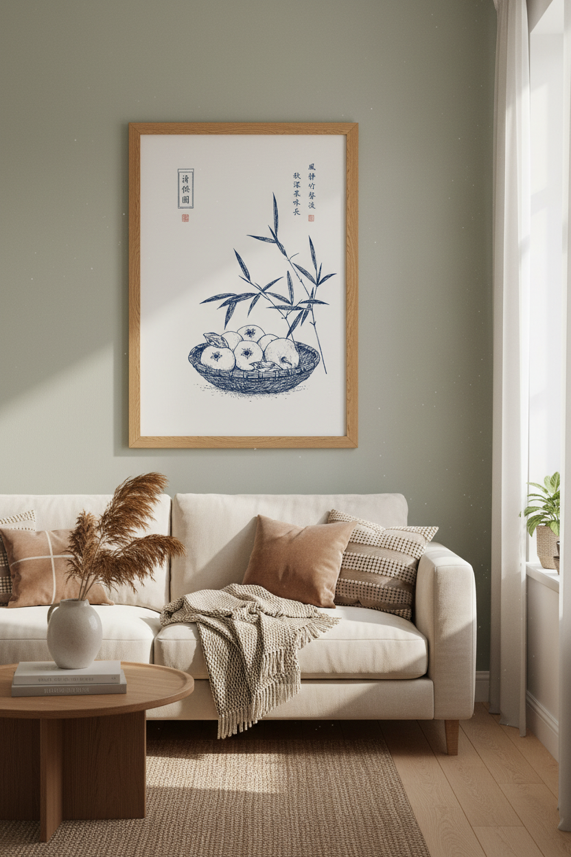 Chinese Ink Still Life | Navy Blue Bamboo &amp; Fruit Poster, Zen Kitchen Decor