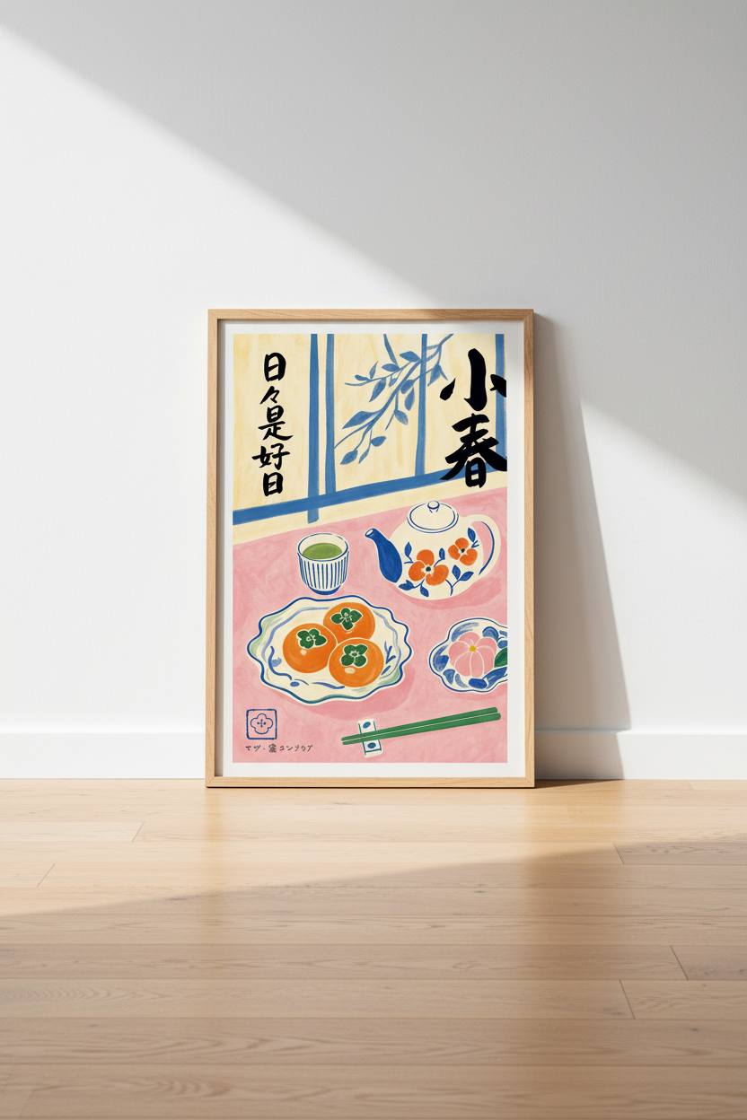 Japanese Tea Still Life Wall Art | Pink Kitchen Decor | Minimalist Poster