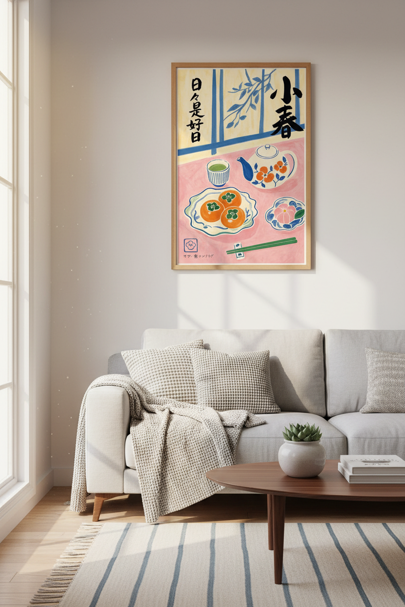 Japanese Tea Still Life Wall Art | Pink Kitchen Decor | Minimalist Poster