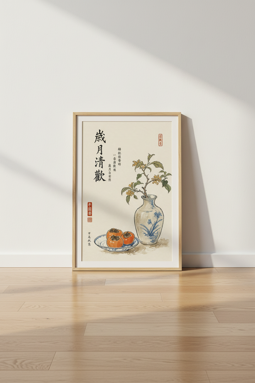 Vintage Chinese Floral Vase | Asian Botanical Ink Wash Art, Zen Living Room Decor