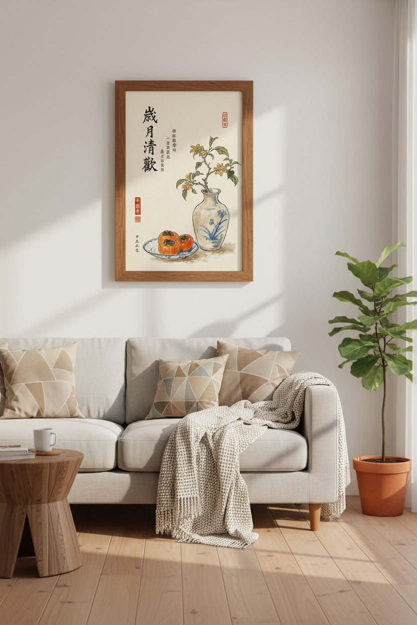 Vintage Chinese Floral Vase | Asian Botanical Ink Wash Art, Zen Living Room Decor
