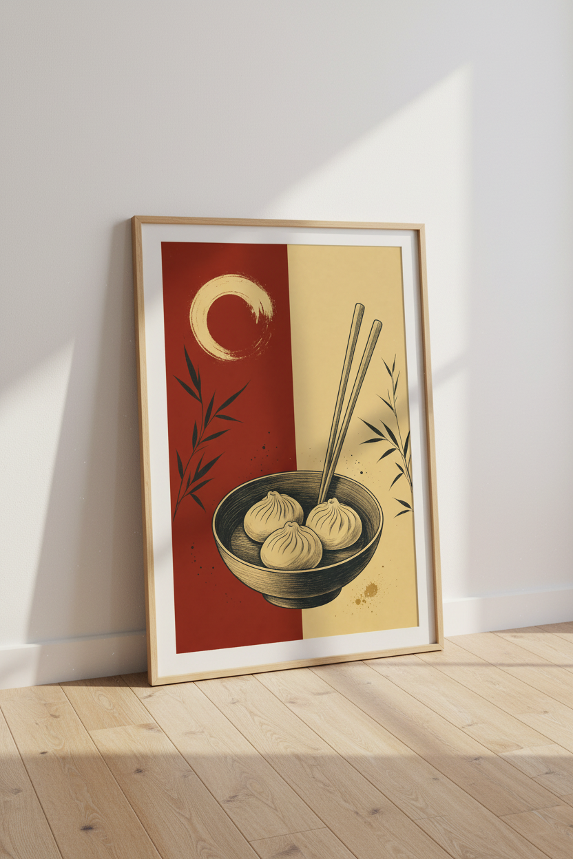 Dumpling Bowl Art Print | Japanese Style Red Cream Poster | Kitchen Dining Decor