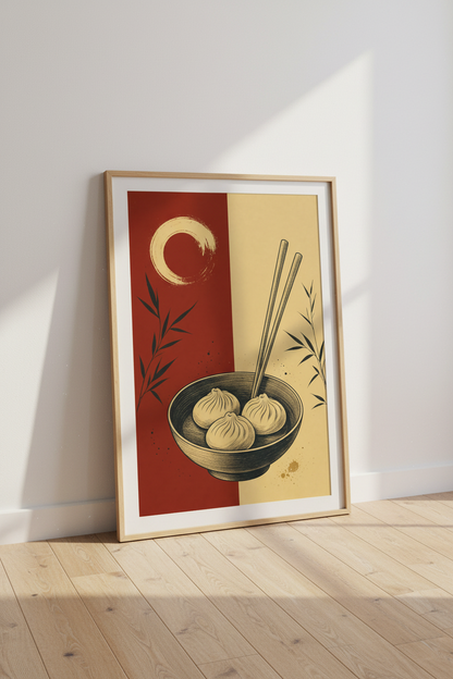 Dumpling Bowl Art Print | Japanese Style Red Cream Poster | Kitchen Dining Decor