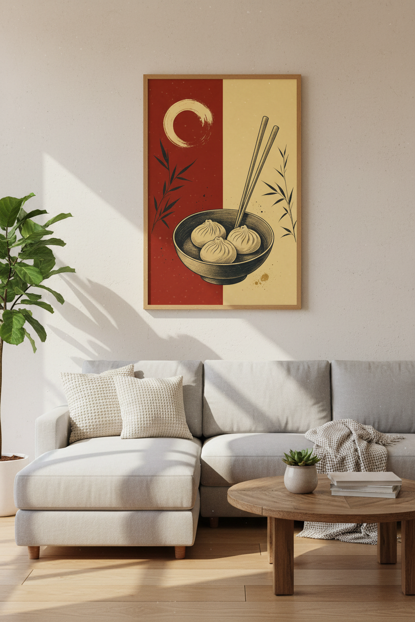 Dumpling Bowl Art Print | Japanese Style Red Cream Poster | Kitchen Dining Decor