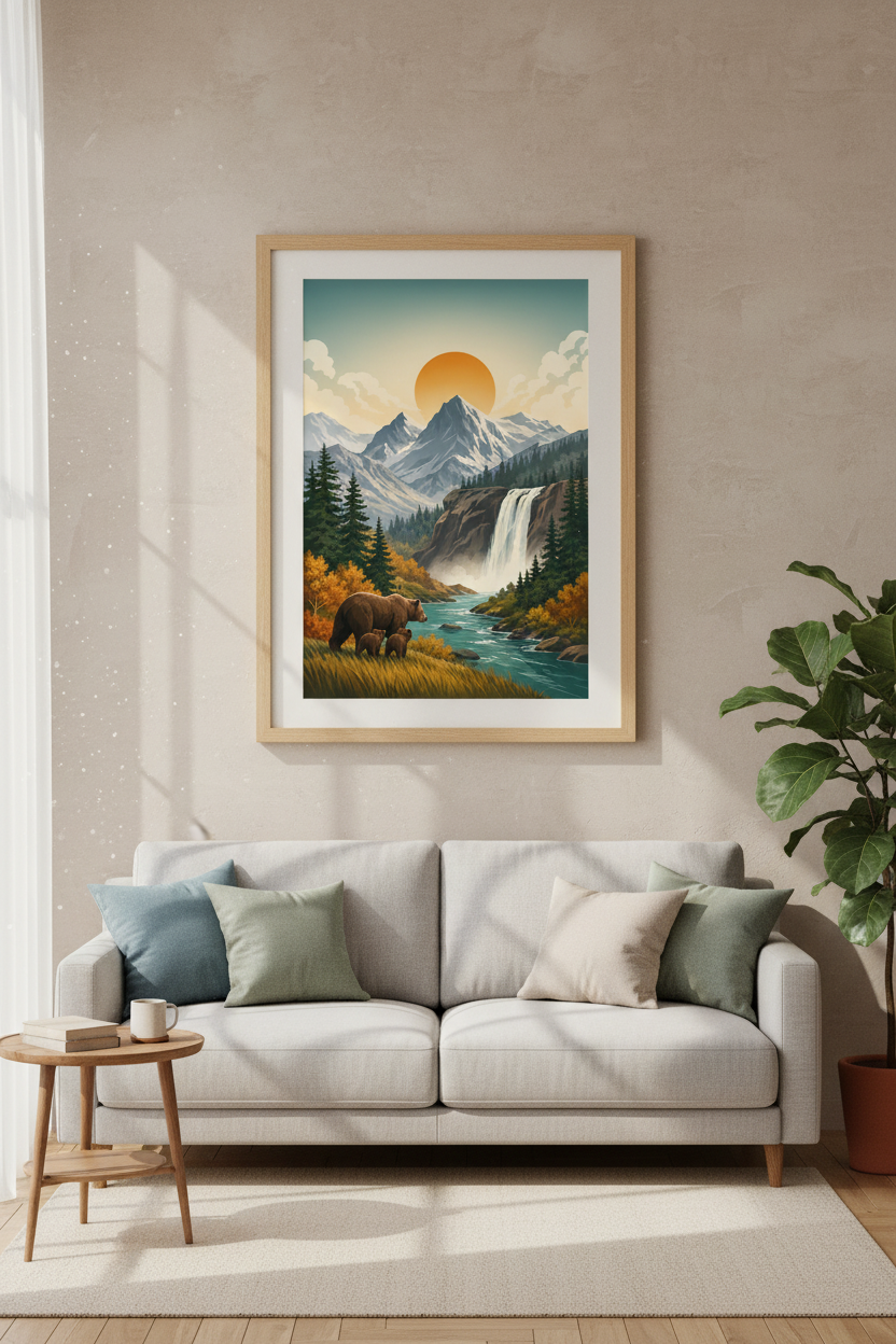 Mountain Bear Family Art | Rustic Wilderness Landscape, Cabin Nature Decor