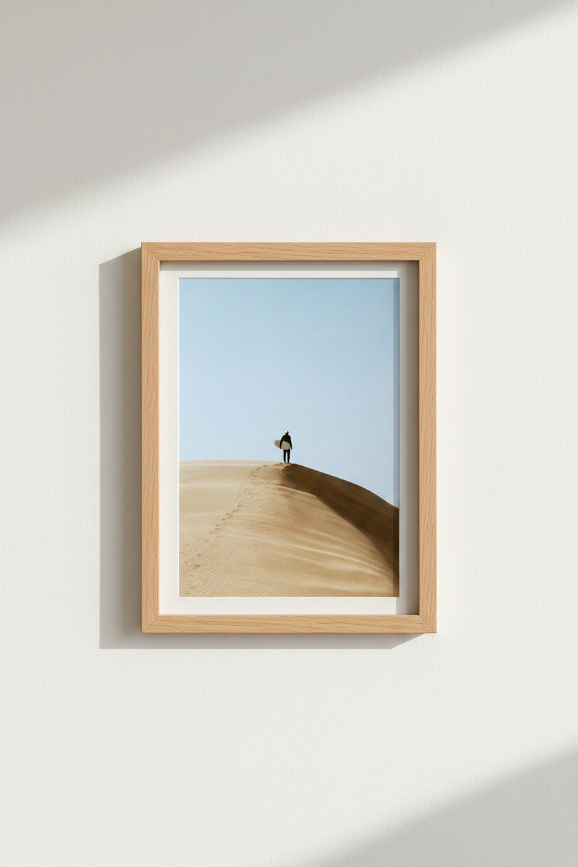 Desert Surfer Wall Art Print | Minimalist Tan Dune, Blue Sky Modern Poster Decor