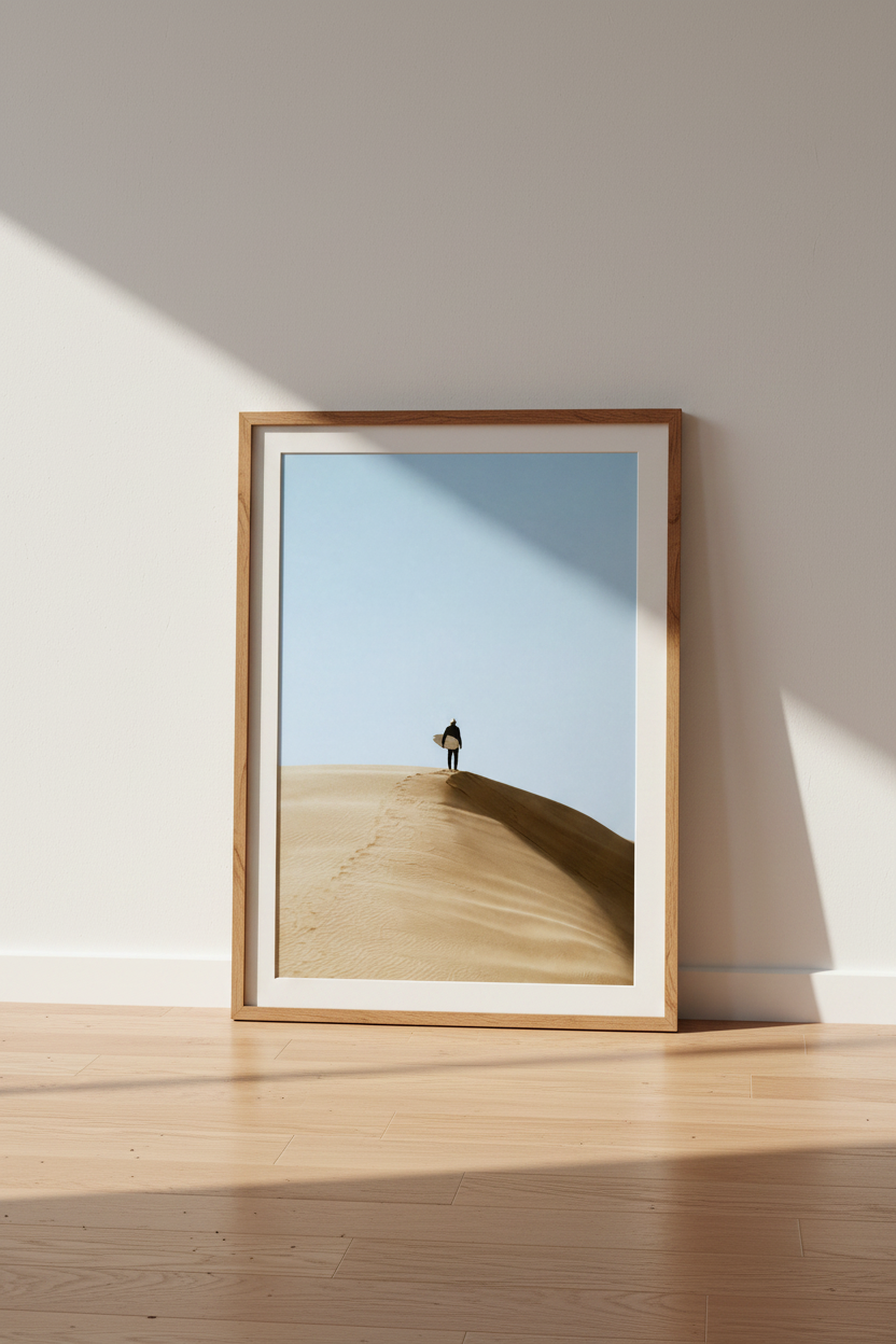 Desert Surfer Wall Art Print | Minimalist Tan Dune, Blue Sky Modern Poster Decor