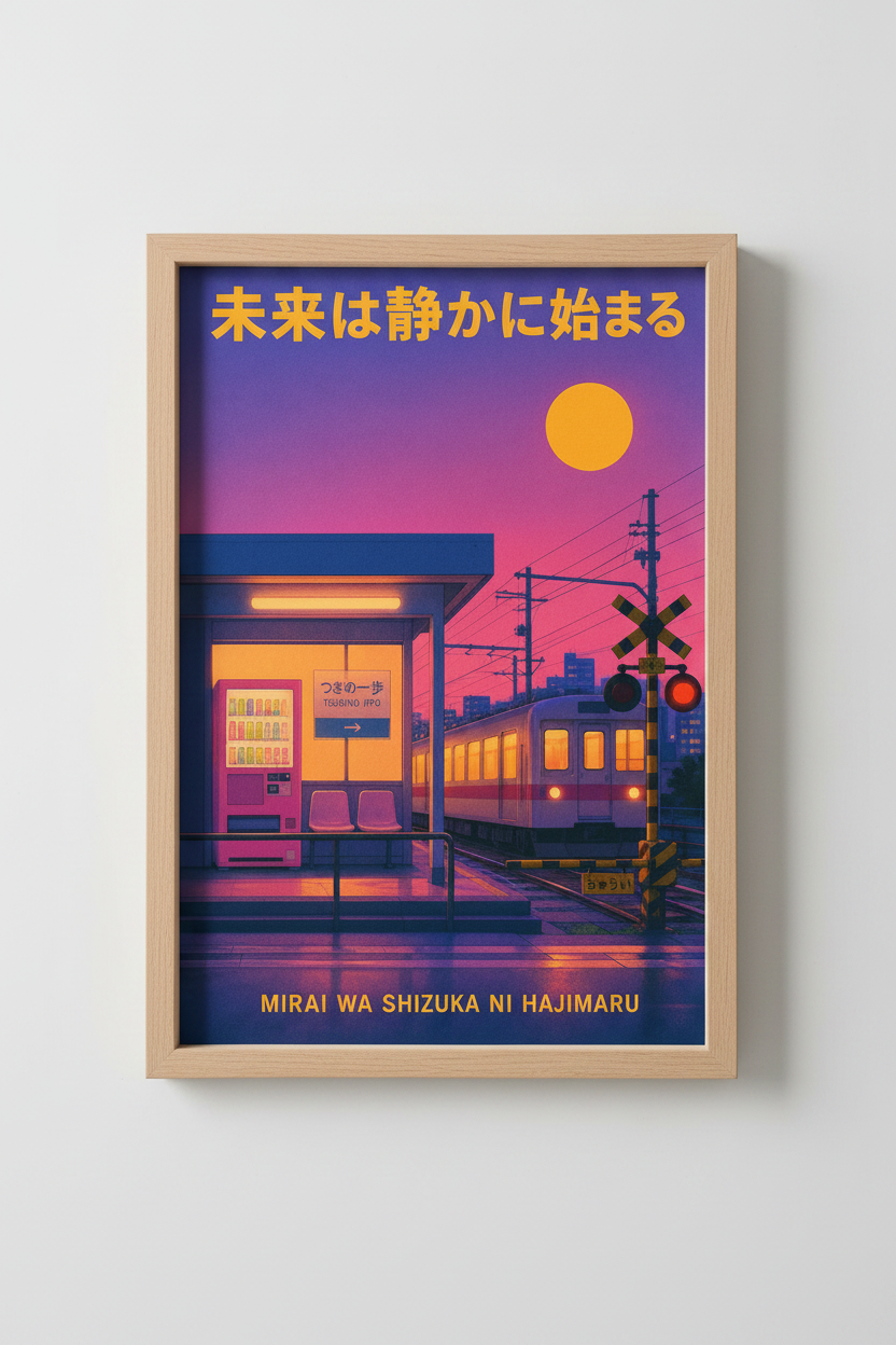 Vaporwave Wall Art | Neon Sunset Tones, Train Station Vibe | Living Room Poster
