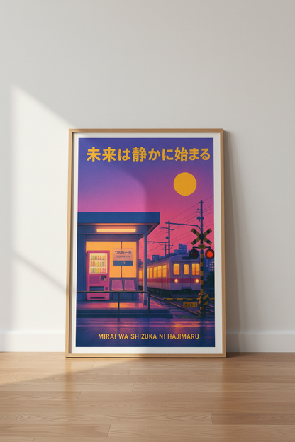 Vaporwave Wall Art | Neon Sunset Tones, Train Station Vibe | Living Room Poster