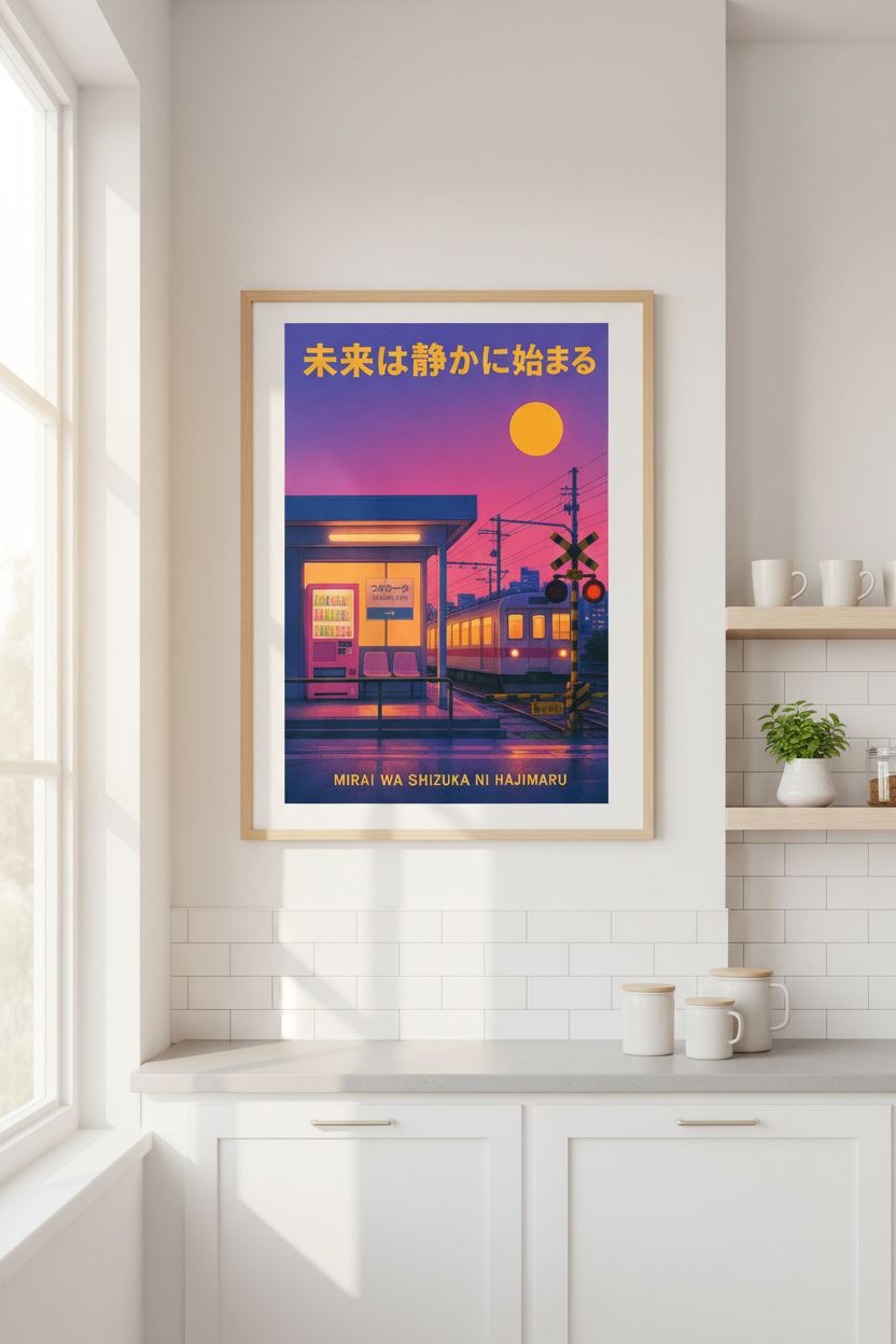 Vaporwave Wall Art | Neon Sunset Tones, Train Station Vibe | Living Room Poster