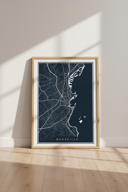 Marseille City Map Wall Art | Navy &amp; White Minimalist Print, Living Room Decor Poster