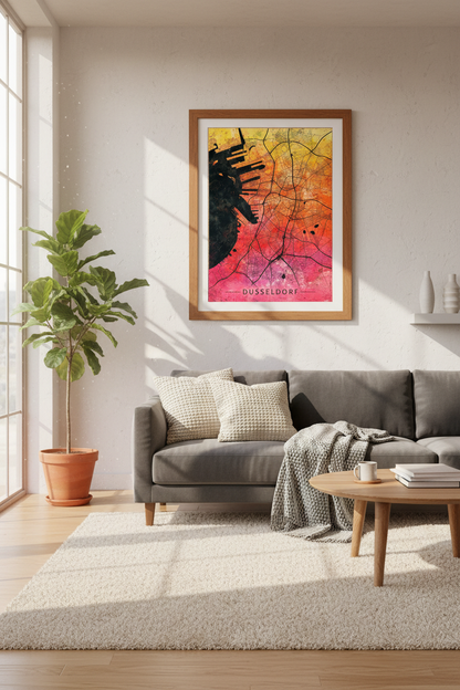Düsseldorf City Map Art | Watercolor Gradient Sunset, Modern German Travel Poster