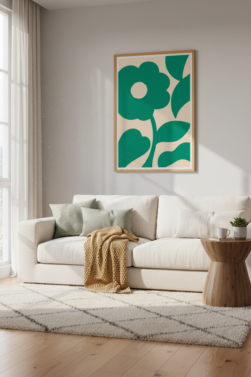 Abstract Green Flower Wall Art | Mid Century Botanical, Minimalist Living Room Decor