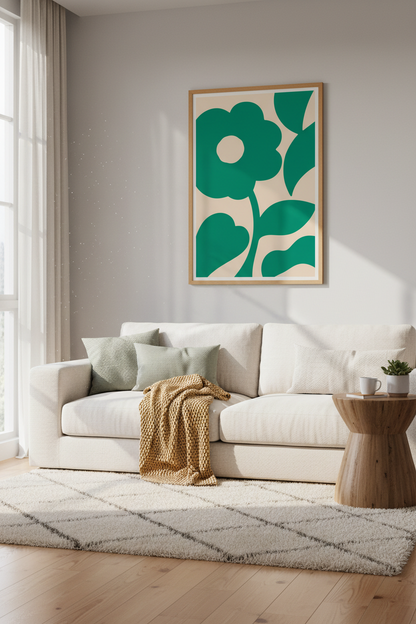 Abstract Green Flower Wall Art | Mid Century Botanical, Minimalist Living Room Decor