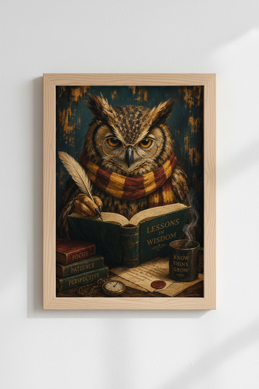 Academic Owl Wall Art Print | Dark Academia Library Decor | Wise Owl Poster