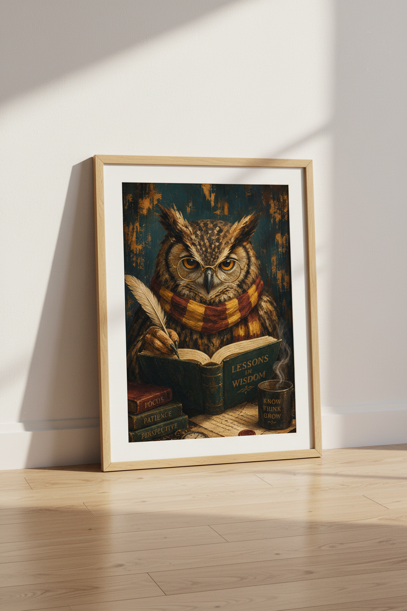 Academic Owl Wall Art Print | Dark Academia Library Decor | Wise Owl Poster