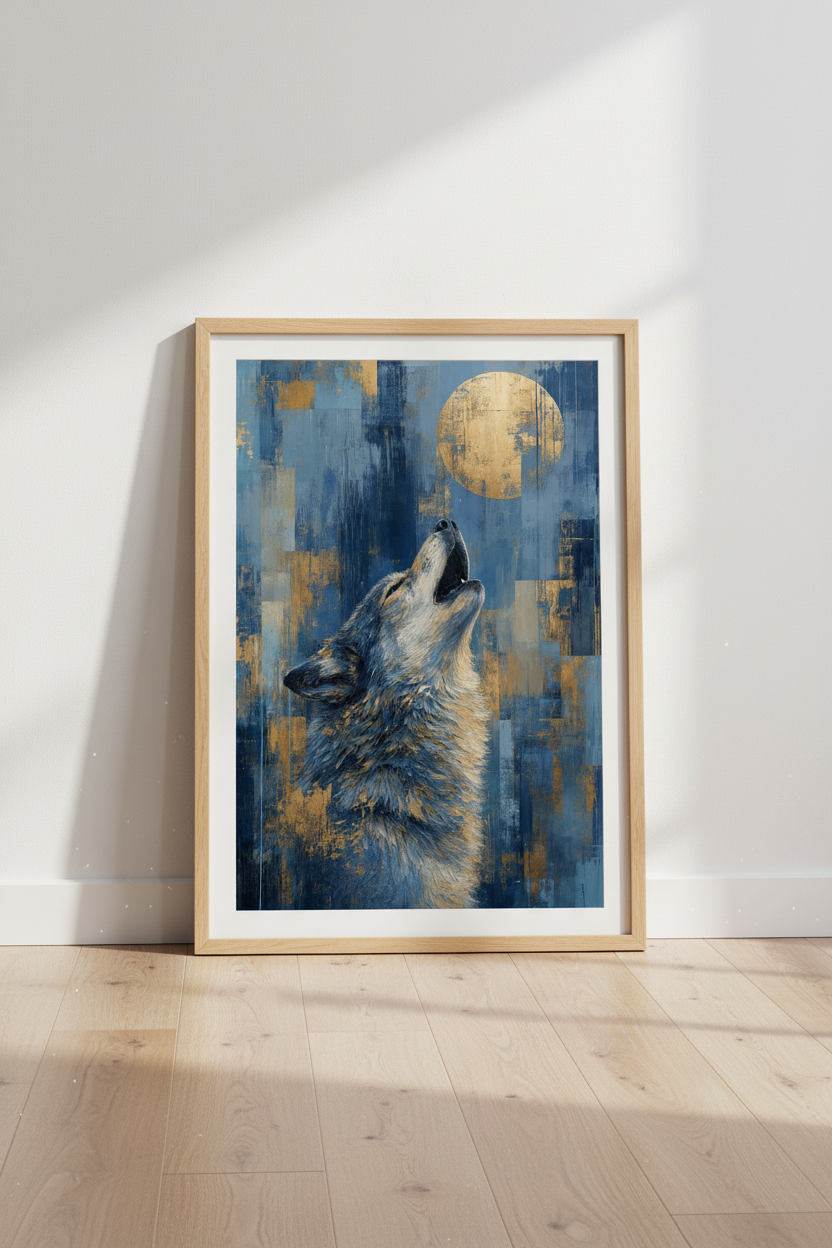 Howling Wolf Wall Art Print | Navy Gold Animal Poster | Modern Cabin Decor