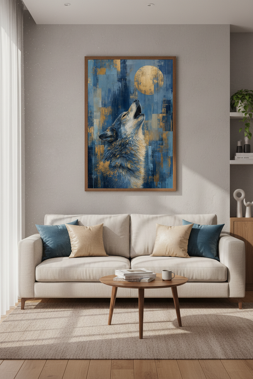 Howling Wolf Wall Art Print | Navy Gold Animal Poster | Modern Cabin Decor