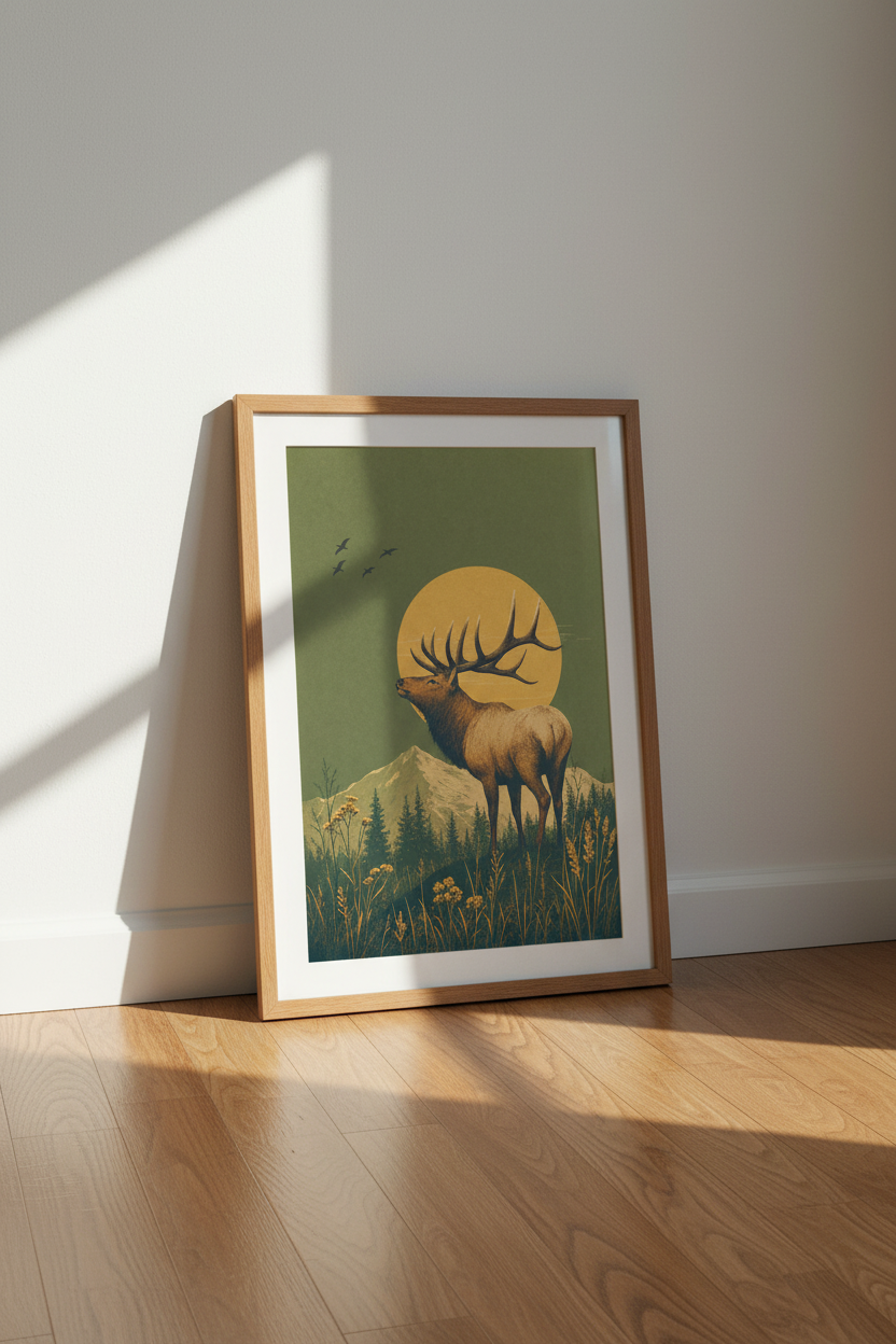 Vintage Elk Mountain Wall Art | Rustic Nature Poster, Forest Nursery Wall Decor