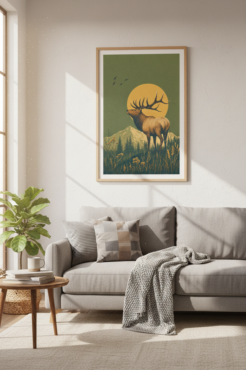 Vintage Elk Mountain Wall Art | Rustic Nature Poster, Forest Nursery Wall Decor