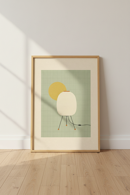 Mid Century Akari Lamp Wall Art | Green Japandi Decor | Minimalist Poster