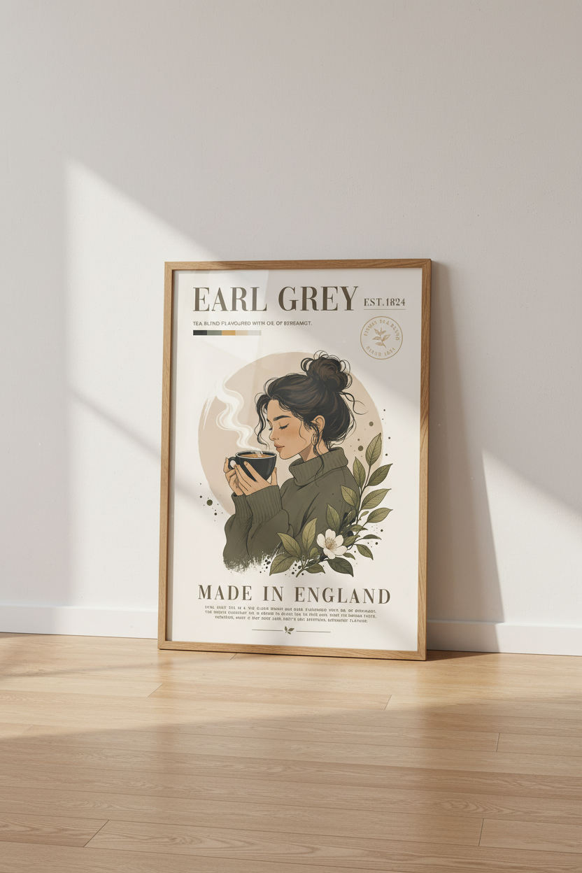 Earl Grey Tea Girl Wall Art Print | Kitchen Cafe Decor | Dark Academia Poster