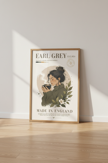 Earl Grey Tea Girl Wall Art Print | Kitchen Cafe Decor | Dark Academia Poster