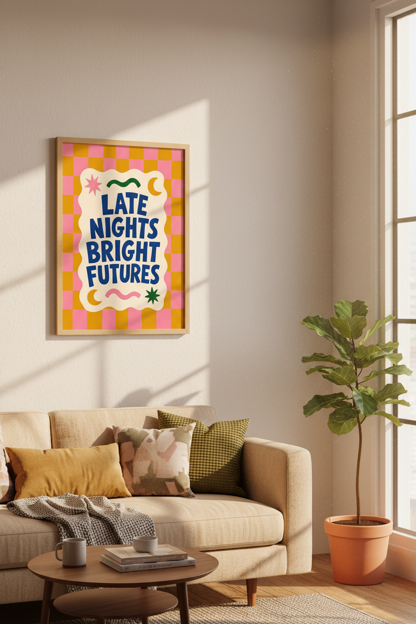 Retro Dopamine Decor | Pink Checkered Quote Wall Art Print, Funky Bedroom Poster