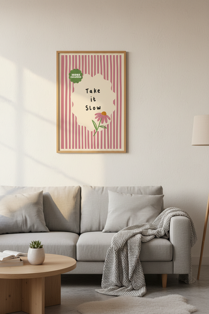Take it Slow Floral Wall Art Print | Pink Striped Decor | Danish Pastel Poster